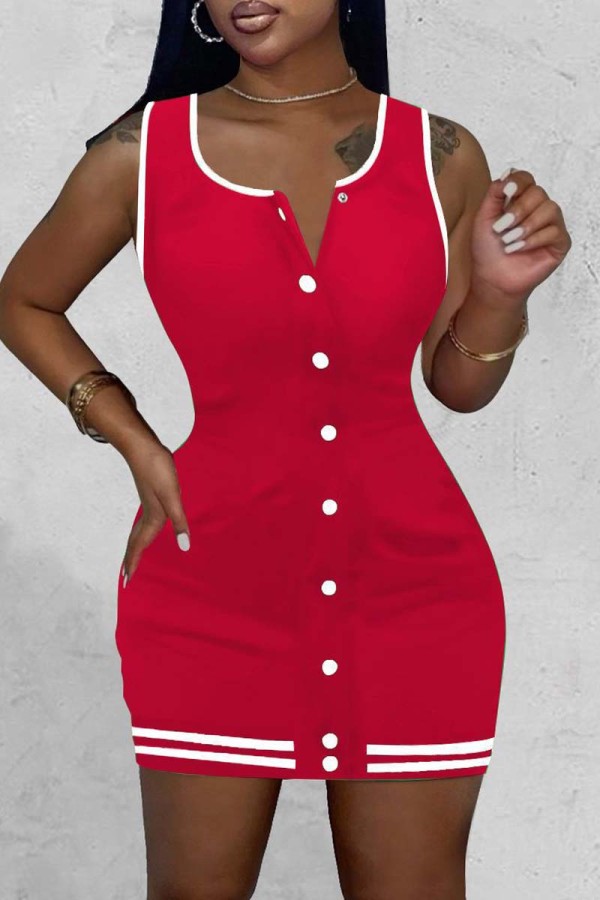 Red Casual Solid Basic O Neck Vest Dress Dresses