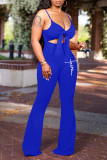 Blue Sexy Print Hollowed Out Patchwork Spaghetti Strap Boot Cut Jumpsuits