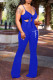 Blue Sexy Print Hollowed Out Patchwork Spaghetti Strap Boot Cut Jumpsuits