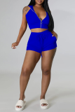 Royal Blue Sexy Solid Zipper Hooded Collar Sleeveless Two Pieces