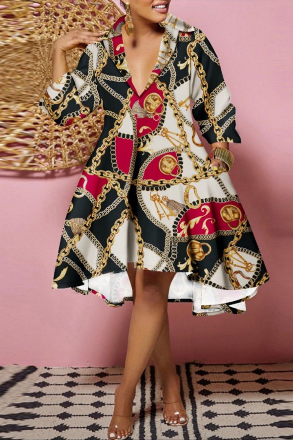 Black Red Casual Print Patchwork V Neck A Line Dresses