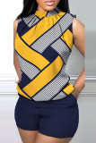 Yellow Casual Print Basic Half A Turtleneck Sleeveless Two Pieces