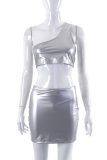 Silver Sexy Solid Patchwork One Shoulder Sleeveless Two Pieces