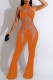 Tangerine Red Sexy Solid Bandage Patchwork See-through Backless Halter Skinny Jumpsuits