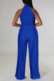 Blue Casual Solid Patchwork Slit O Neck Straight Jumpsuits