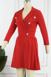 Red Casual Solid Patchwork Turndown Collar A Line Dresses
