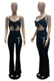 Blue Sexy Print Hollowed Out Patchwork Spaghetti Strap Boot Cut Jumpsuits
