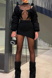 Black Sexy Solid Mesh Half A Turtleneck Pencil Skirt Dresses