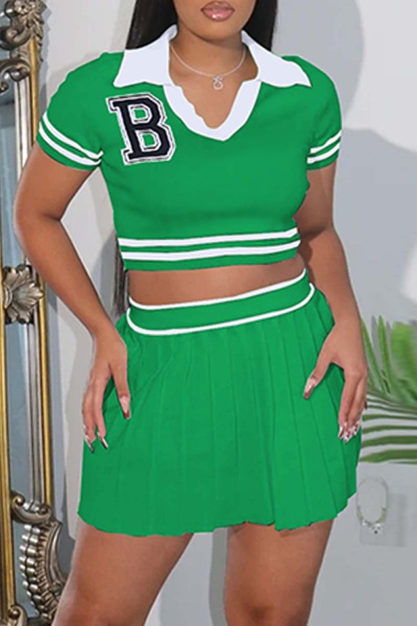 Green Casual Letter Patchwork Fold Turndown Collar Short Sleeve Two Pieces