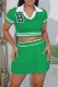 Green Casual Letter Patchwork Fold Turndown Collar Short Sleeve Two Pieces