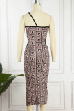 Black Sexy Print Hollowed Out Backless One Shoulder Sling Dress Dresses
