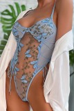 Light Blue Sexy Patchwork Embroidery See-through Backless Lingerie