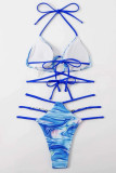 Blue Sexy Print Bandage Patchwork Swimwears