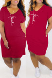 Pink Fashion Casual Print Basic V Neck Short Sleeve Dress