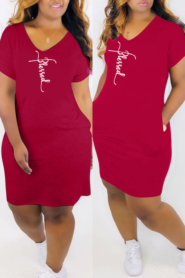 Burgundy Fashion Casual Print Basic V Neck Short Sleeve Dress