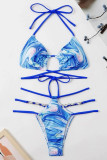 Blue Sexy Print Bandage Patchwork Swimwears