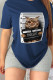 Navy Blue Street Cute Print Patchwork Letter O Neck T-Shirts