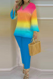 Colour Casual Print Patchwork V Neck Long Sleeve Two Pieces