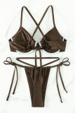 Coffee Sexy Solid Bandage Patchwork Swimwears