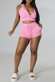 Pink Sexy Solid Zipper Hooded Collar Sleeveless Two Pieces