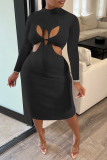 Black Sexy Solid Hollowed Out Half A Turtleneck Long Sleeve Dresses