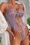 Pink Sexy Patchwork Embroidery See-through Backless Lingerie