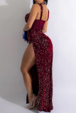 Red Sexy Patchwork Hot Drilling Backless Slit Spaghetti Strap Long Dress Dresses