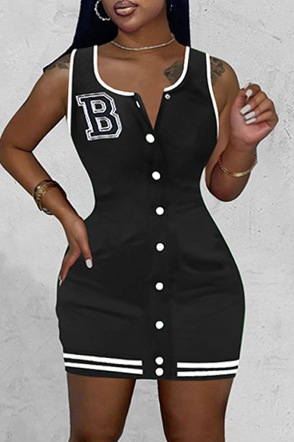 Black Casual Letter Patchwork O Neck Vest Dress Dresses