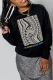 Black Street Print Patchwork Letter O Neck Tops