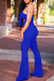 Blue Sexy Print Hollowed Out Patchwork Spaghetti Strap Boot Cut Jumpsuits