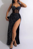 Red Sexy Patchwork Hot Drilling Backless Slit Spaghetti Strap Long Dress Dresses