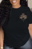 Black Casual Letter Print Basic O Neck T-Shirts