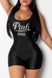 Red Casual Letter Backless Hot Drill U Neck Rompers