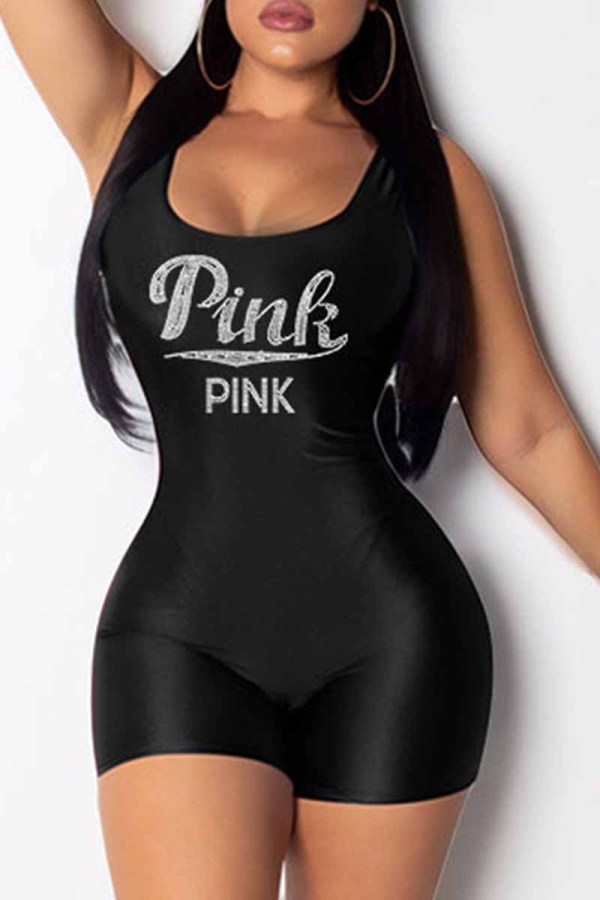 Black Casual Letter Backless Hot Drill U Neck Rompers