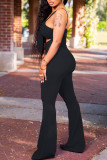 Blue Sexy Print Hollowed Out Patchwork Spaghetti Strap Boot Cut Jumpsuits