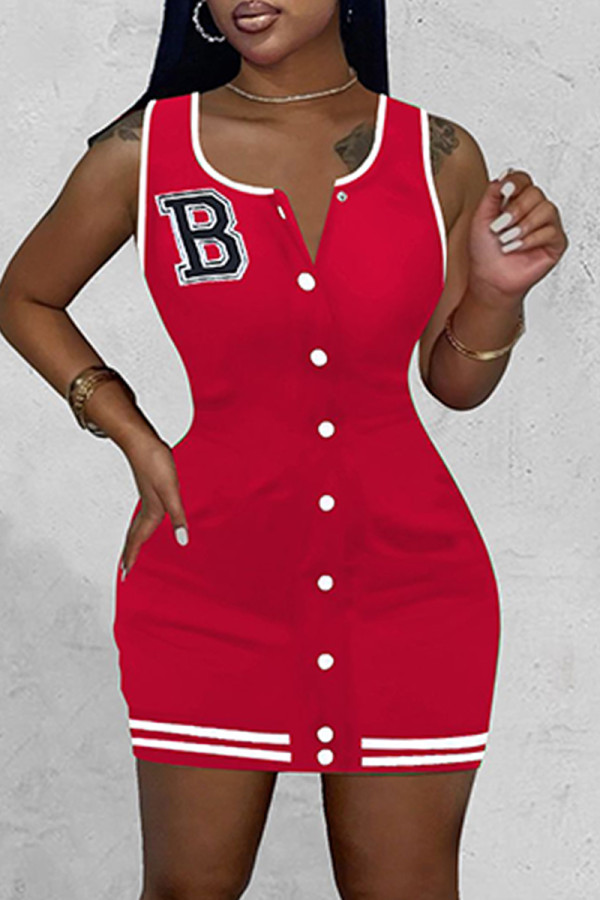 Red Casual Letter Patchwork O Neck Vest Dress Dresses