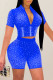 Blue Sexy Patchwork Hot Drill Zipper Collar Long Sleeve Two Pieces
