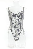 Grey Sexy Patchwork Embroidery See-through Backless Lingerie
