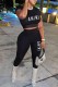 Black Casual Print Letter O Neck Short Sleeve Two Pieces