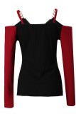 Black Casual Patchwork Backless Contrast V Neck Tops