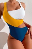 Blue White Sexy Solid Patchwork Backless Contrast Swimwears (With Paddings)
