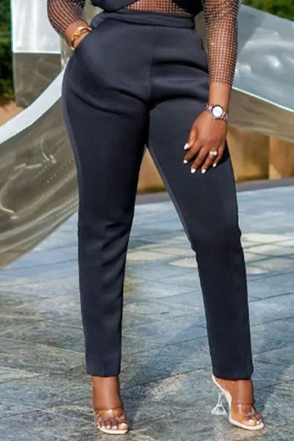 Black Casual Solid Patchwork Straight High Waist Solid Color Bottoms