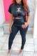 Black Casual Print Letter O Neck Short Sleeve Two Pieces