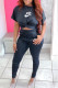 Black Casual Print Letter O Neck Short Sleeve Two Pieces
