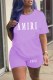 Purple Casual Print Letter O Neck Short Sleeve Two Pieces
