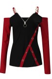 Black Casual Patchwork Backless Contrast V Neck Tops