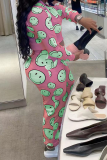 Pink Street Print Draw String Zipper Collar Long Sleeve Two Pieces