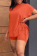 Tangerine Red Casual Solid Patchwork Draw String O Neck Short Sleeve Two Pieces