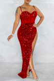 Red Sexy Patchwork Sequins High Opening Spaghetti Strap Trumpet Mermaid Dresses