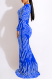 Blue Sexy Hot Drilling Patchwork O Neck Trumpet Mermaid Dresses